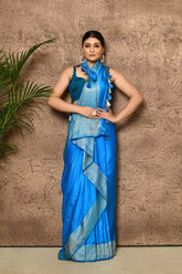 Dark Sky Blue Katan Mushru Satin Banarasi Handloom Saree With Allover  Booti
